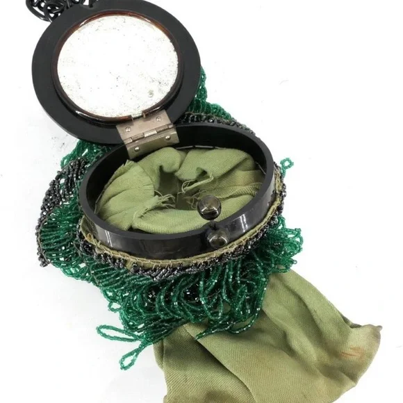 Antique Circa 1920's Art Deco Beaded Green Dance Bag Purse w/ Bakelite Top